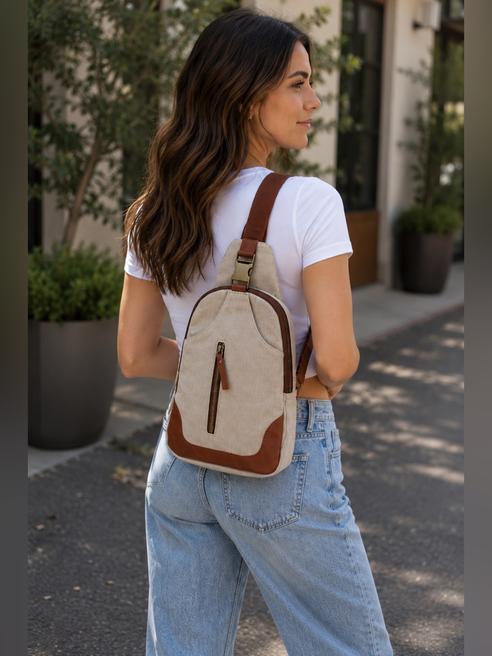 Antik Kraft Samara Canvas Sling Backpack Crossbody Bag Cream Brown EUC